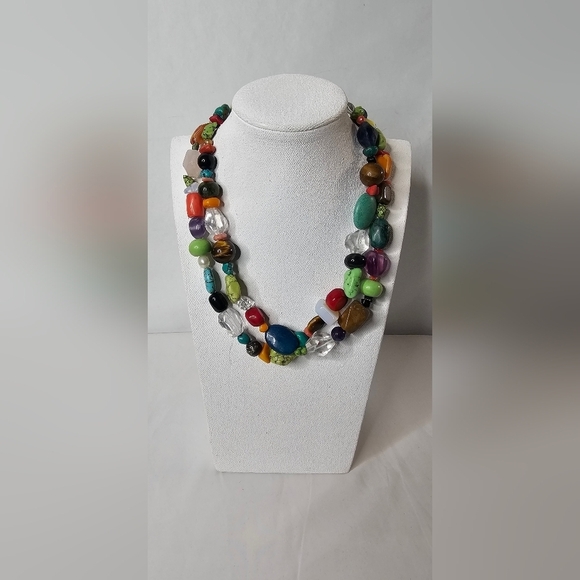 Artisan Jewelry - Chunky Multi-Gemstone Necklace & Bracelet Set Two Strand Turquoise Jasper Agate
